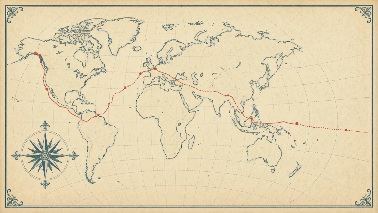 Farflung geography atlas plate: a vintage-style world map with a compass rose and a red expedition route across the continents.